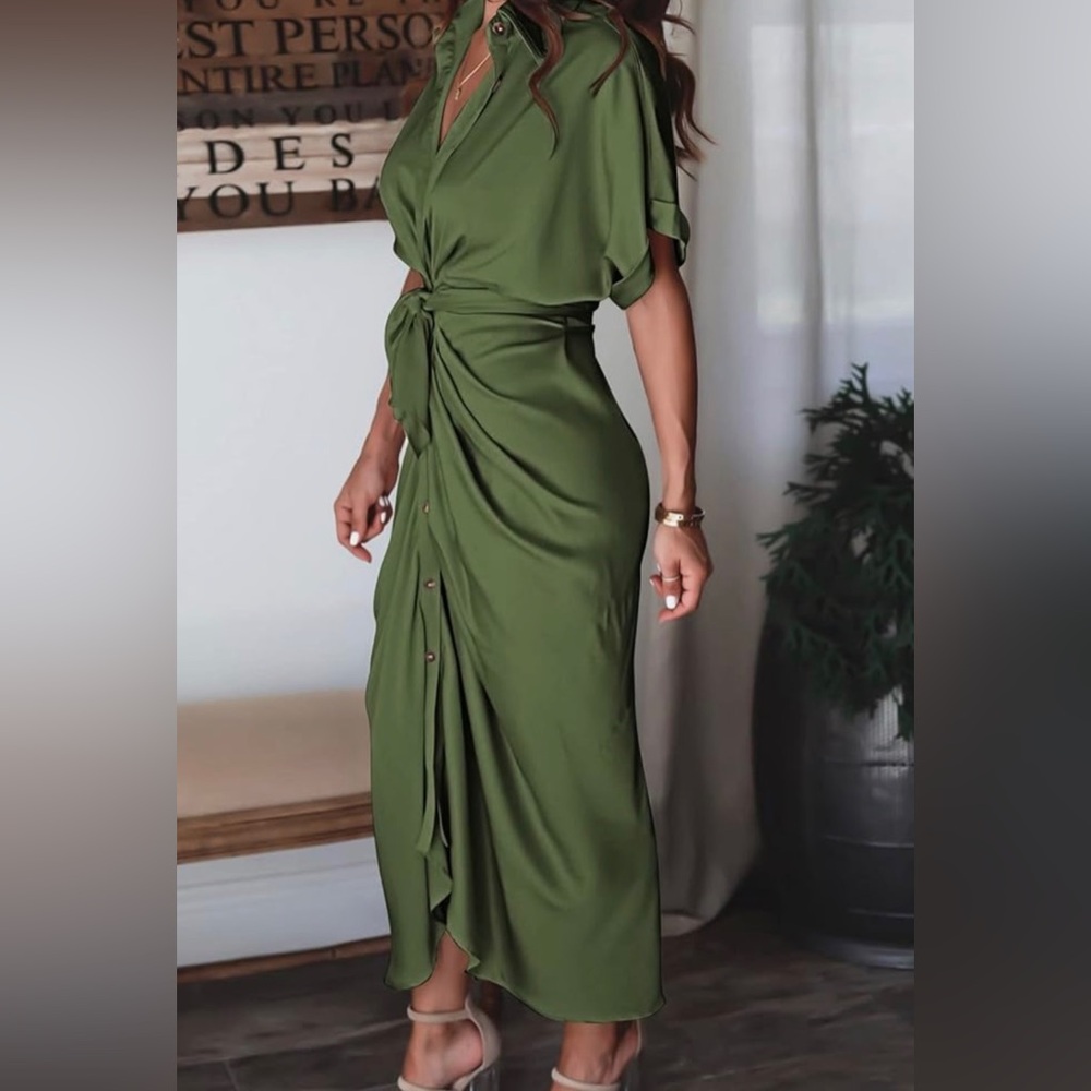 NEW Women Elegant Satin Button Down Short Sleeve Maxi Shirt Dress with Belt - Picture 3 of 9
